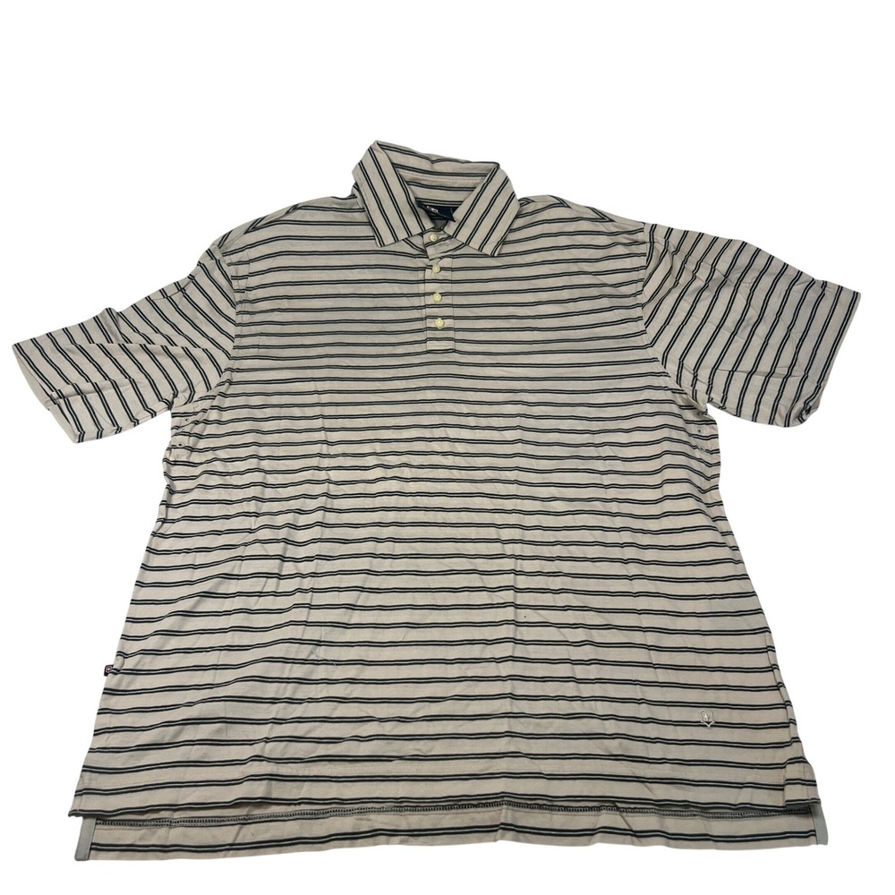 Victorinox Swiss Army Men Large Polo Shirt Tan Green Striped Cotton Short Sleeve